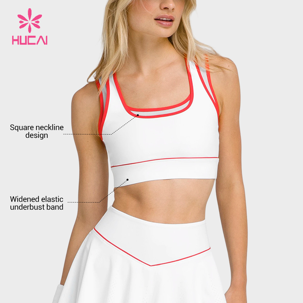 Custom sports bra three-quarter view showing double straps and contrast trim