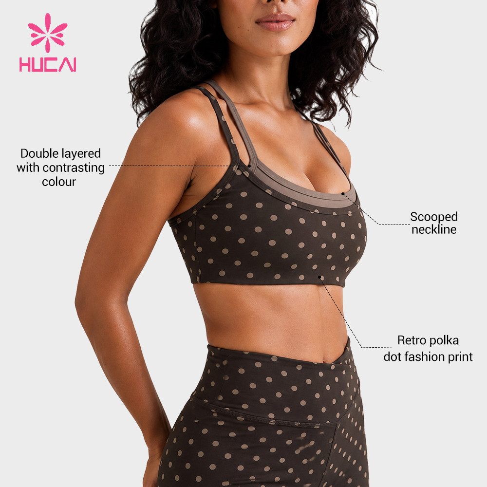 Custom sports bra three-quarter view showing the double-layer neckline band