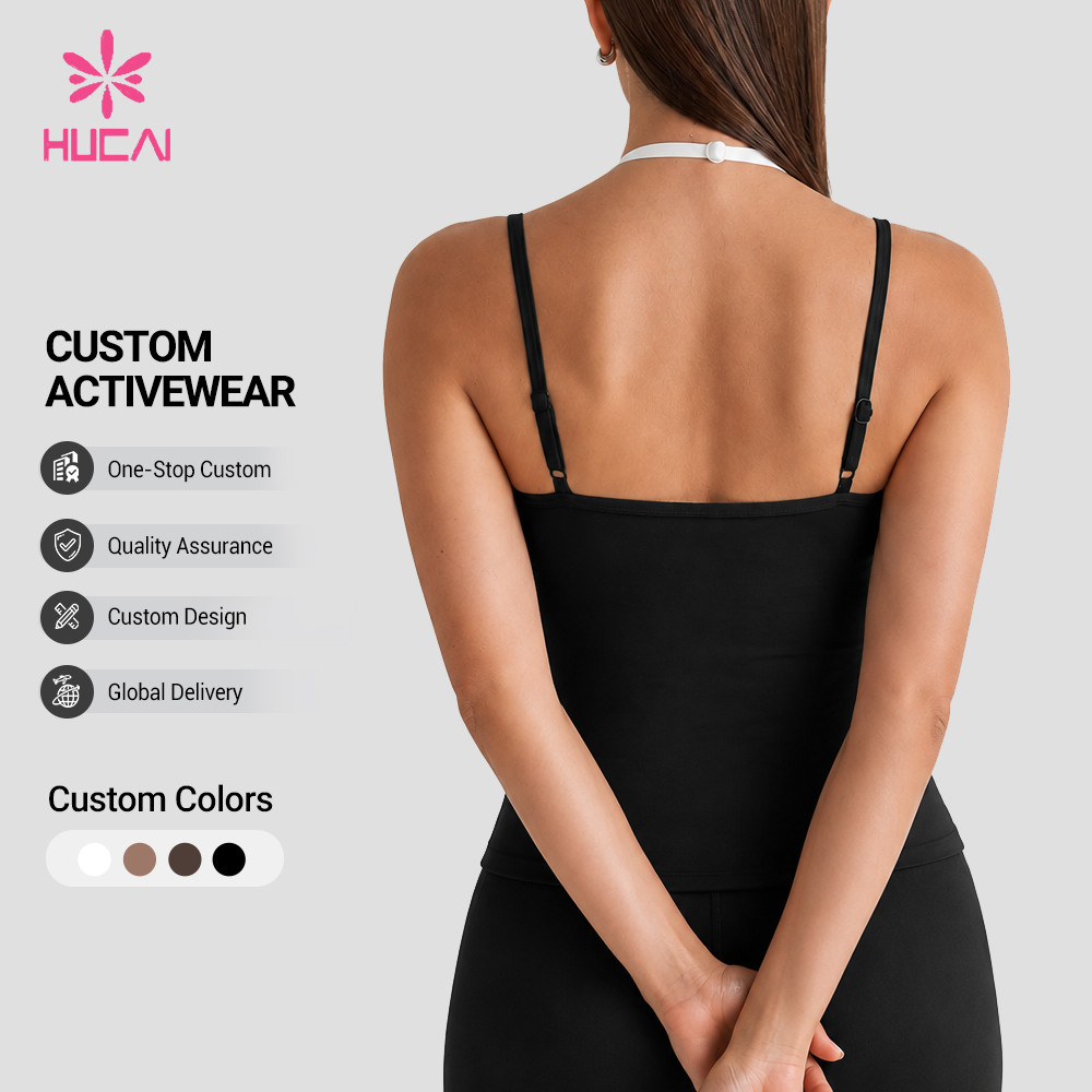 Custom vest bra back view with racer back panel and custom colour swatch strip