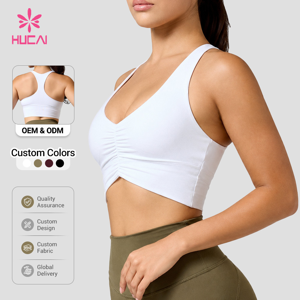 Custom sports bra back view with racer back and custom colour swatch strip