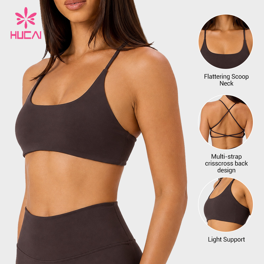 Custom sports bra three-quarter view showing the scoop neckline and thin strap