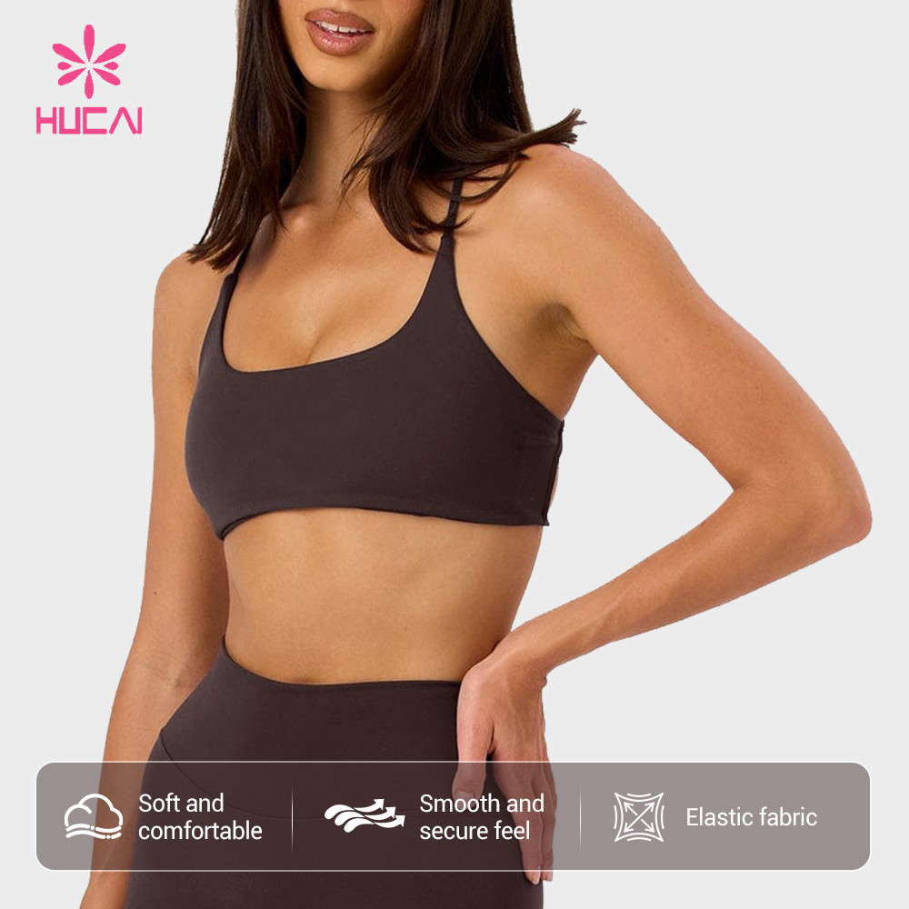 Custom sports bra side view showing the slim elastic underbust band
