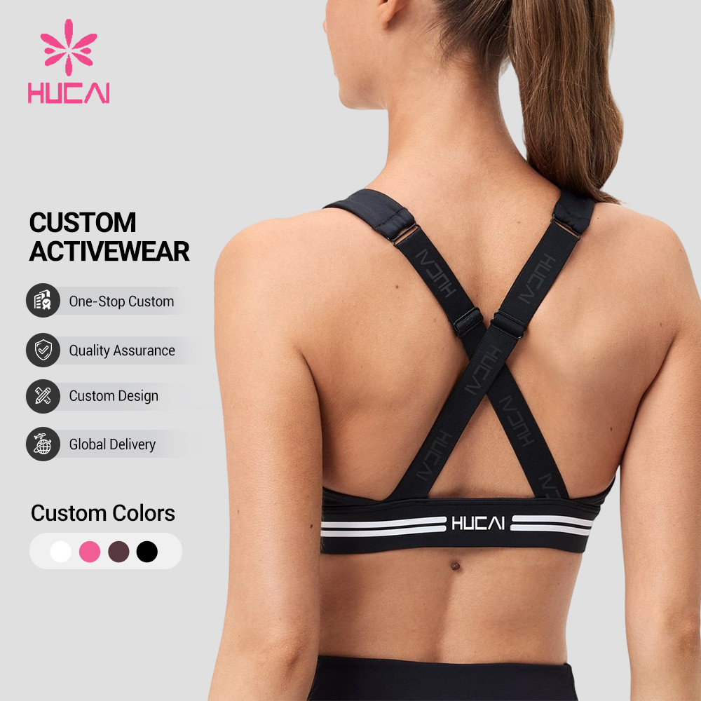 Custom sports bra back view with cross back straps and custom colour swatch strip