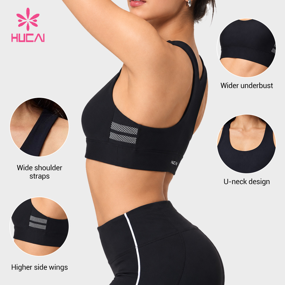 Custom sports bra three-quarter view showing the three side mesh strips