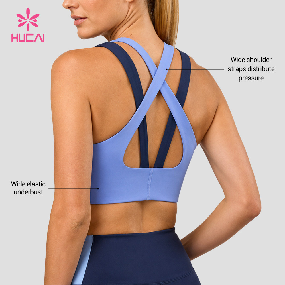 Custom sports bra back view with crossed X straps and open mid-back