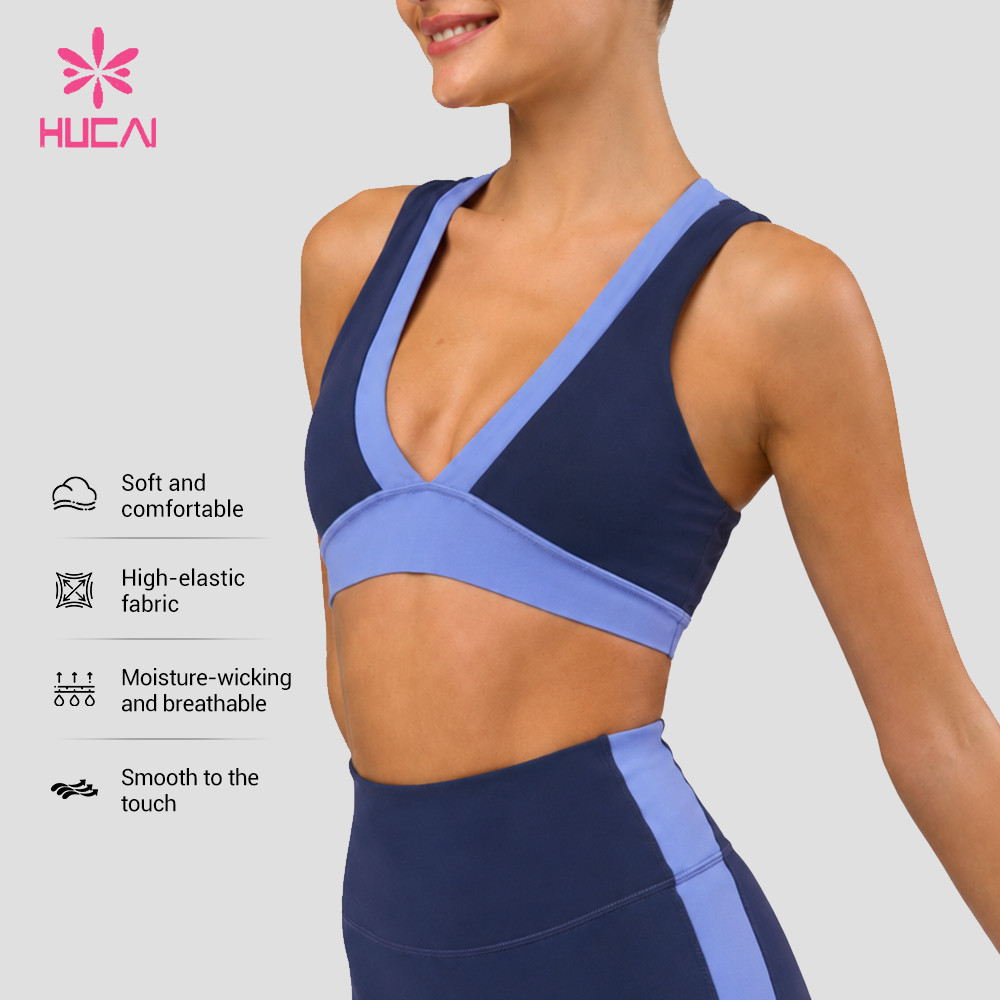 Custom sports bra three-quarter view showing the layered neckline and strap width