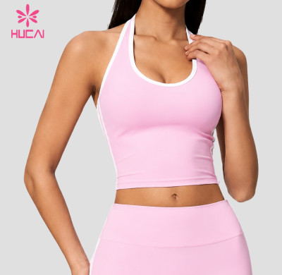 Custom Halter Neck Longline Sports Bra with Contrast Piping for Dance and Studio Labels