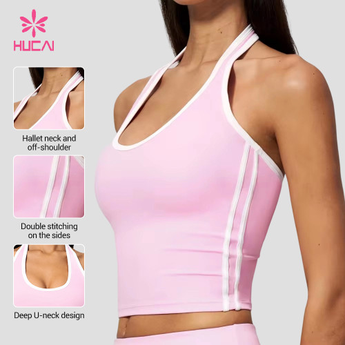 Custom Halter Neck Longline Sports Bra with Contrast Piping for Dance and Studio Labels