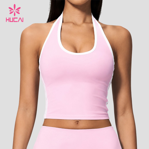 Custom Halter Neck Longline Sports Bra with Contrast Piping for Dance and Studio Labels