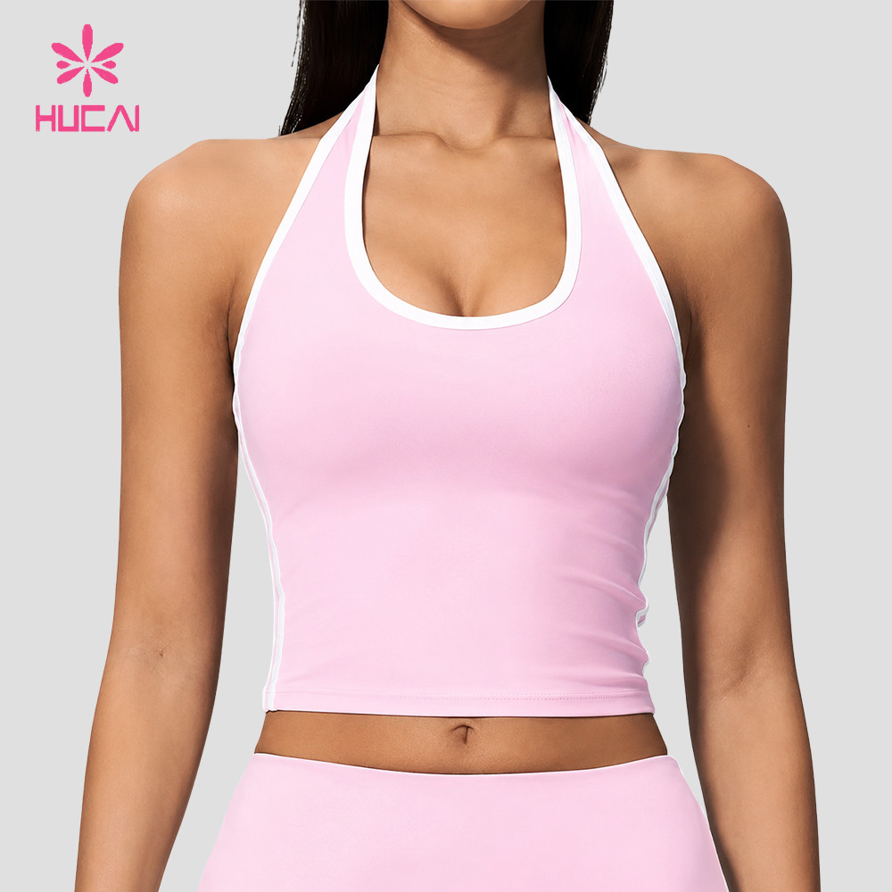 Custom sports bra showing the mid-length body and narrow hem finish