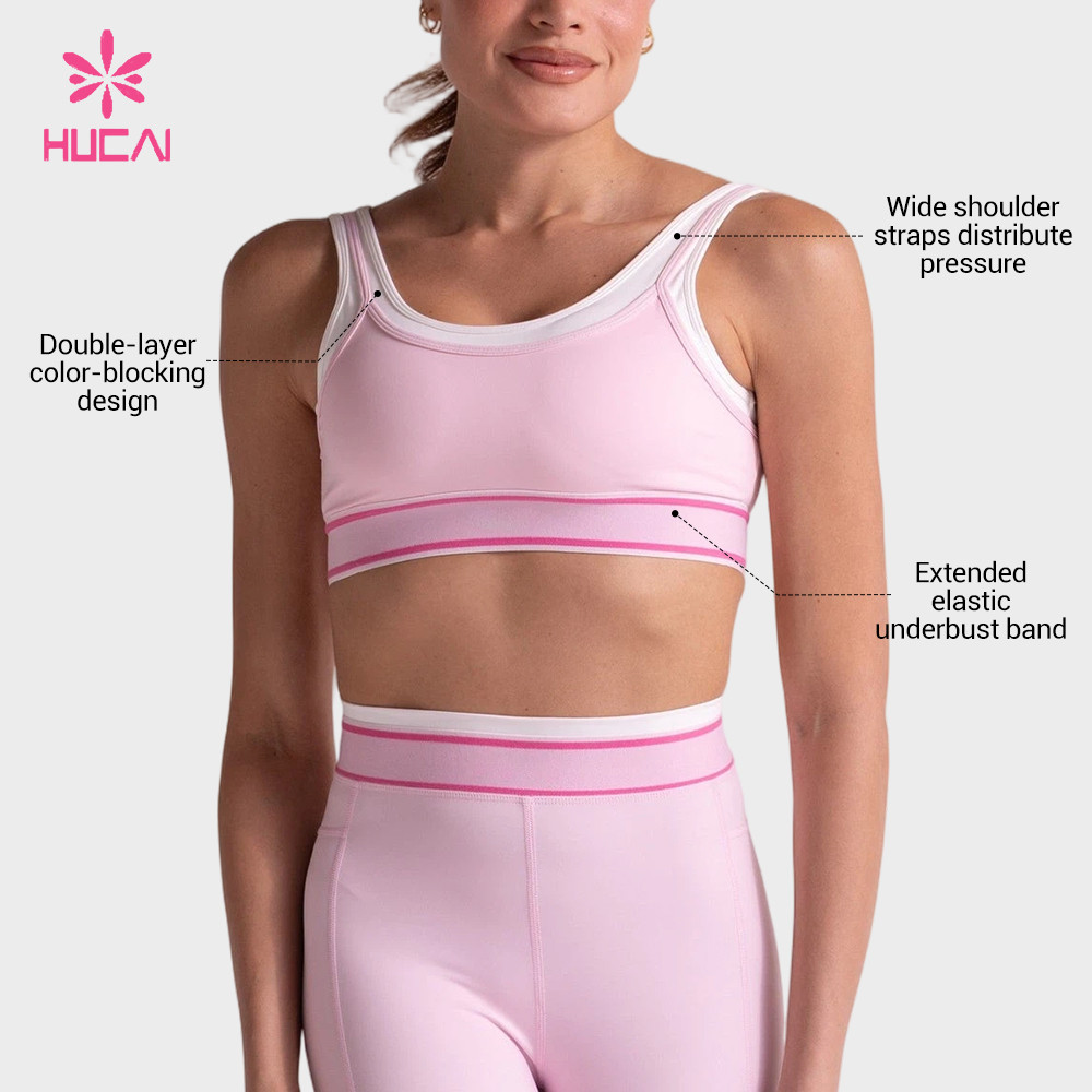 Custom sports bra three-quarter view showing the double layer at the neckline and strap