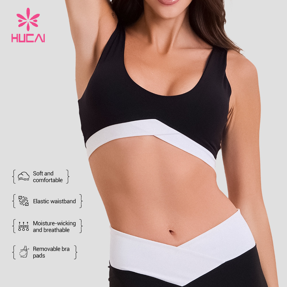 Custom sports bra three-quarter view showing the band angle and strap width