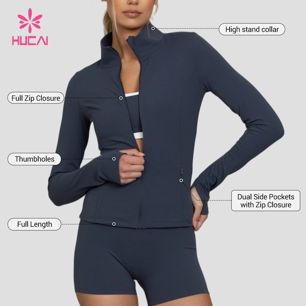 Reference view showing the high stand collar, full-length zip and zippered side pockets