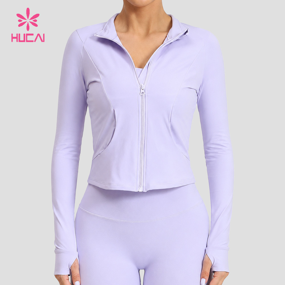 Full front view of the lavender zip jacket with side pockets and thumbhole cuffs