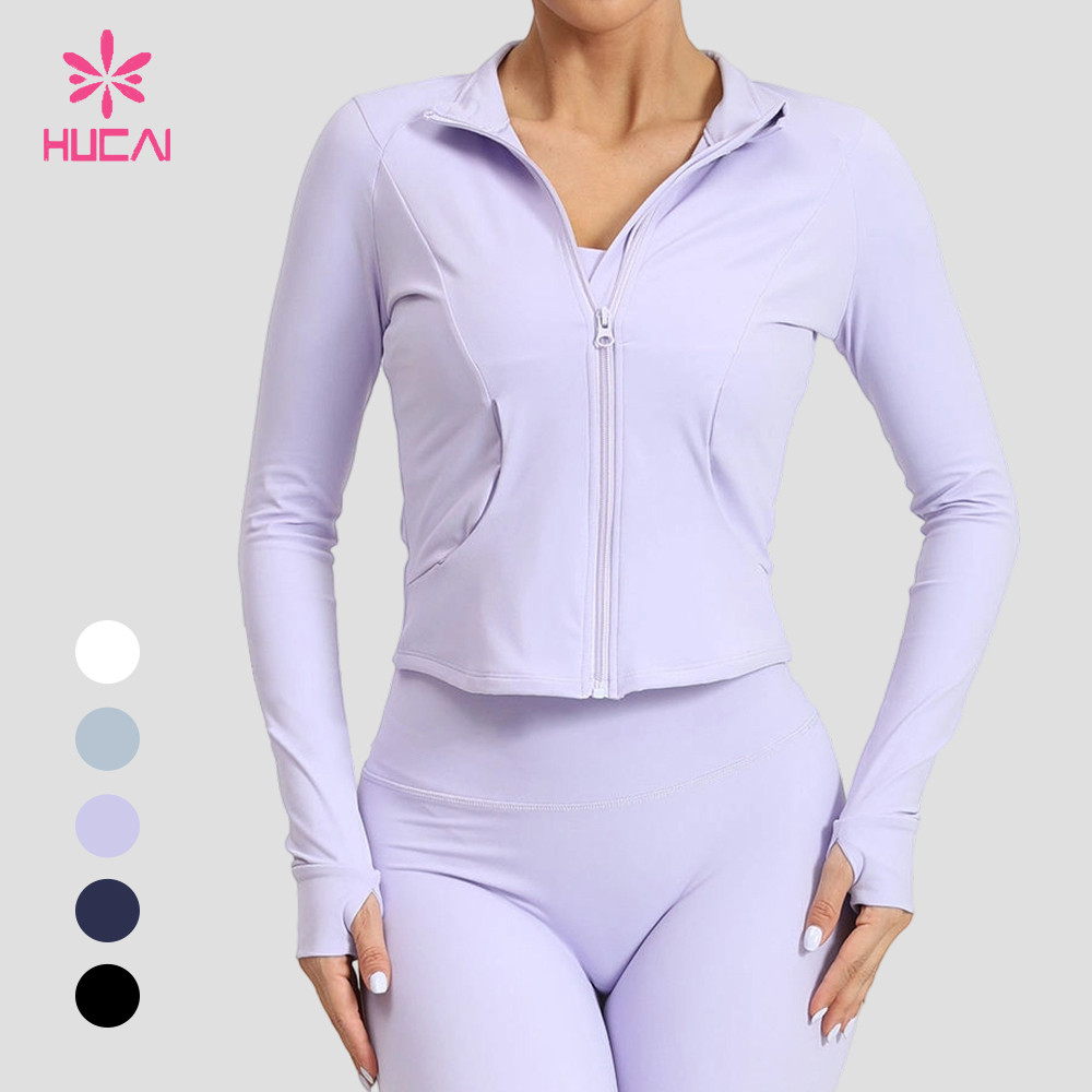 Front view of the lavender jacket beside the five-colour swatch panel