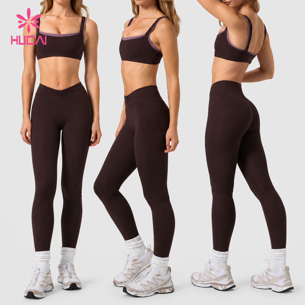 Custom espresso yoga set with contrast trim bra and ruched waistband leggings on model