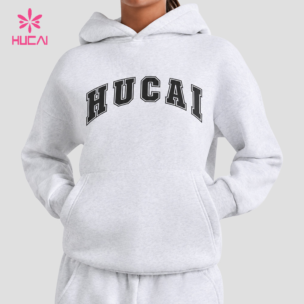 Heather grey oversized pullover hoodie on the same body shape