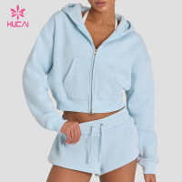 Custom Cropped Double Zip Hoodie with Dual Front Pockets - OEM Bulk