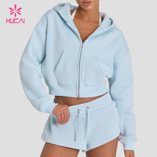 Custom Cropped Double Zip Hoodie with Dual Front Pockets - OEM Bulk