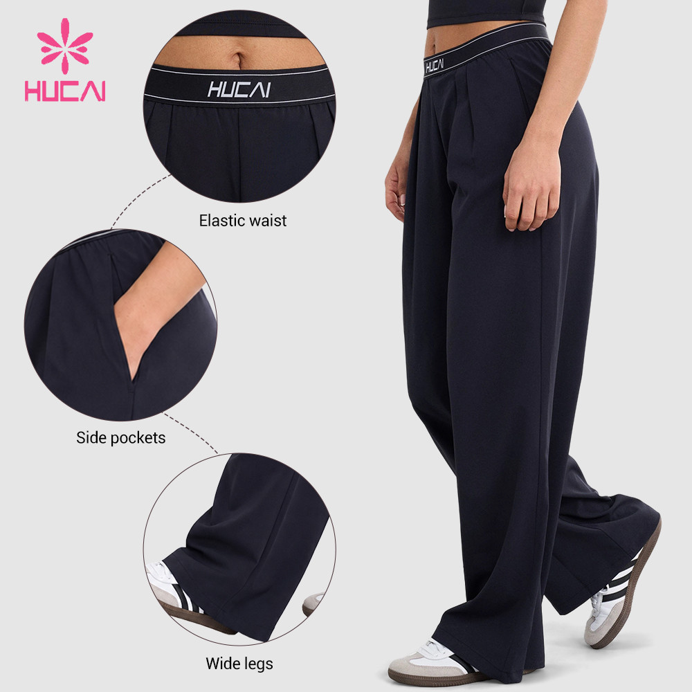 Custom wide leg pants side view with elastic waist pocket and wide leg callouts