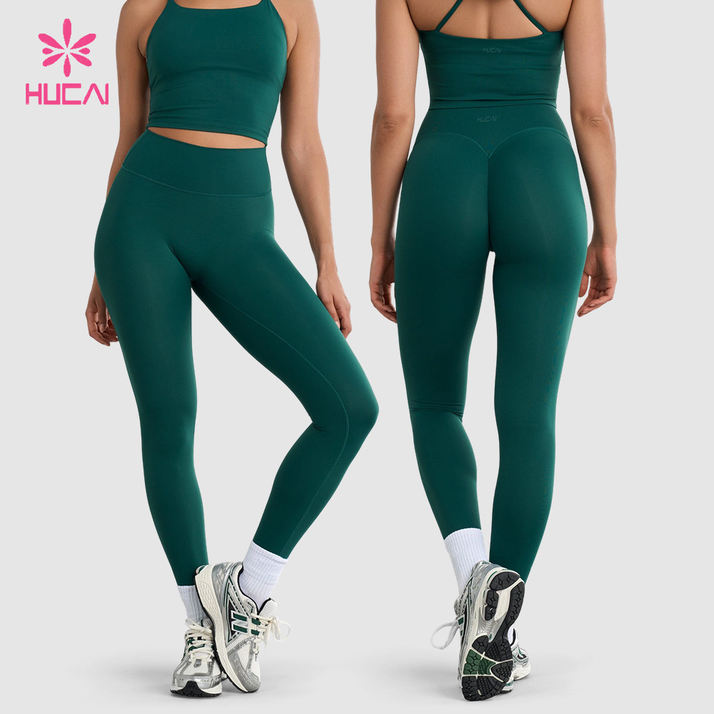 Custom dark green scrunch leggings front and back views