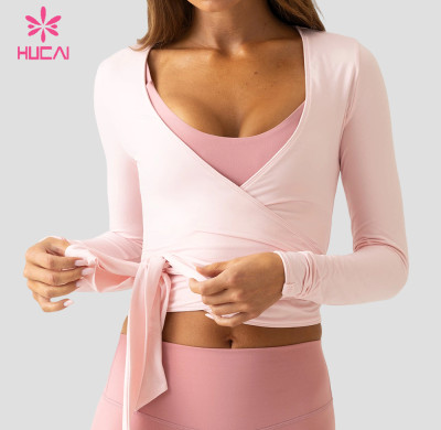 Custom Women's Deep V Long Sleeve Wrap Top with Self Tie for Yoga Brands