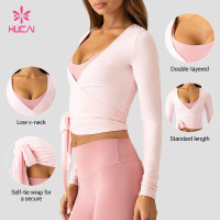 Custom Women's Deep V Long Sleeve Wrap Top with Self Tie for Yoga Brands