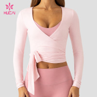 Custom Women's Deep V Long Sleeve Wrap Top with Self Tie for Yoga Brands