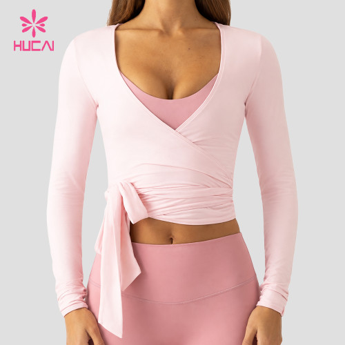 Custom Women's Deep V Long Sleeve Wrap Top with Self Tie for Yoga Brands