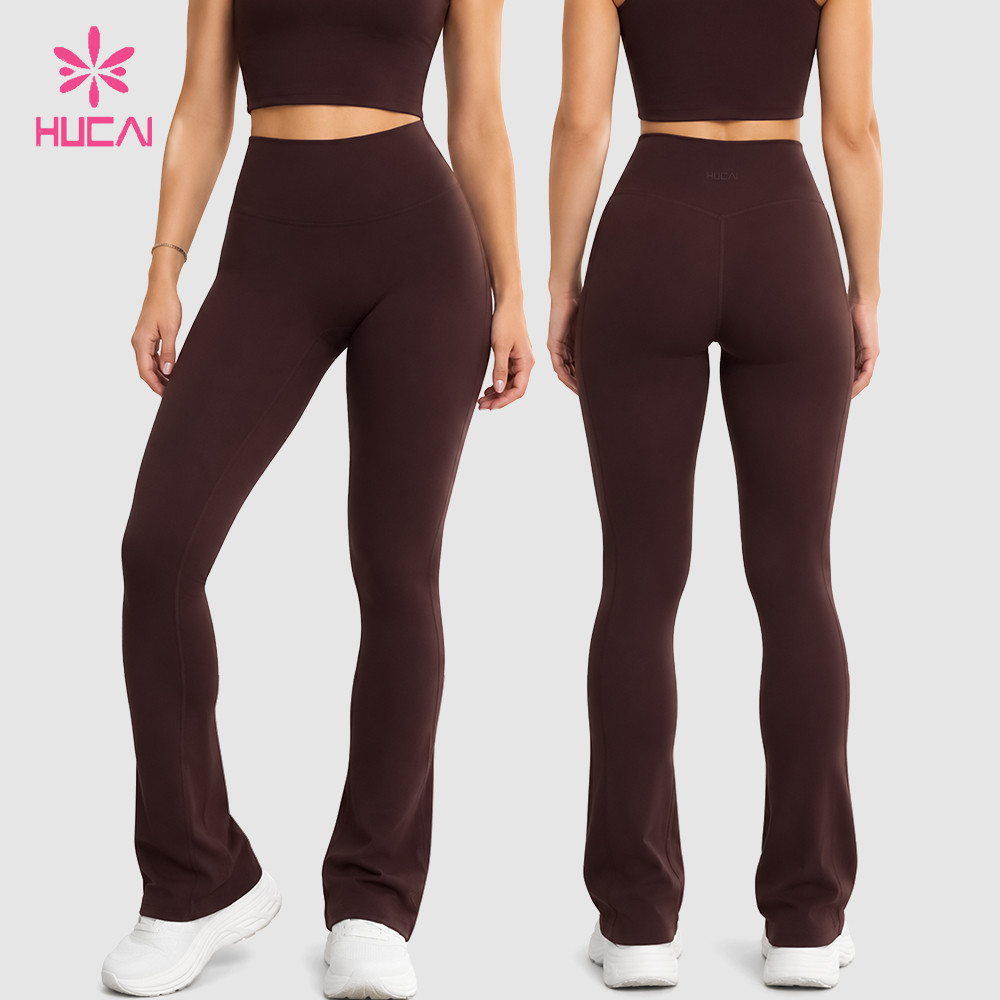 Custom brown high waist flared pants front and back views