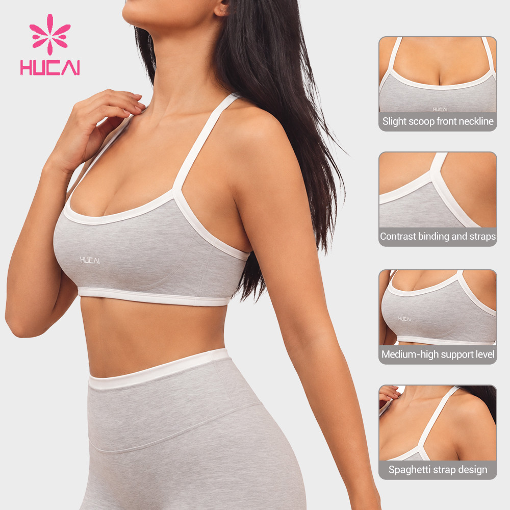 Contrast binding bra top in grey with navy trim
