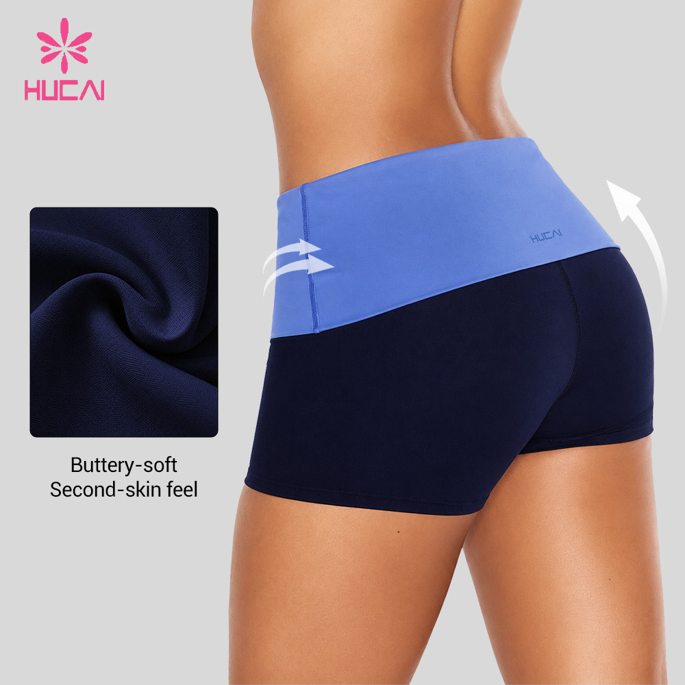 Back view of two tone booty shorts with fold over waistband