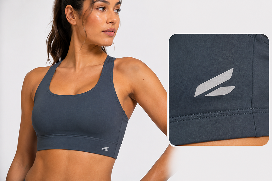 Sports bra heat transfer logo detail