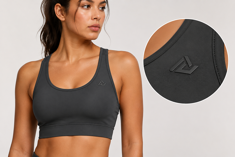 Sports bra silicone or rubber logo detail