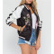 women black and white floral embroidery stain bomber jacket