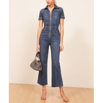 Wholesale womens short sleeves stright cropped denim jumpsuits