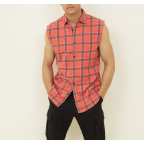 Custom fashion style mens sleevess red check shirts