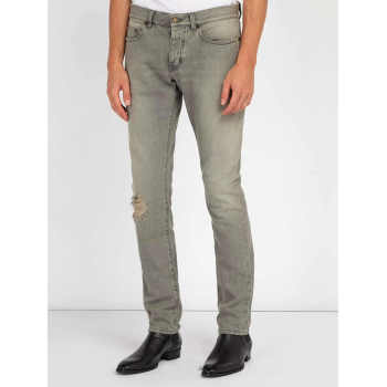 Custom Mens Grey Washed Ripped Slim Fit Denim Jeans