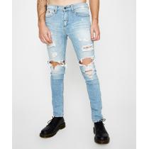 Custom mens faded blue wash destroyed denim jeans pants