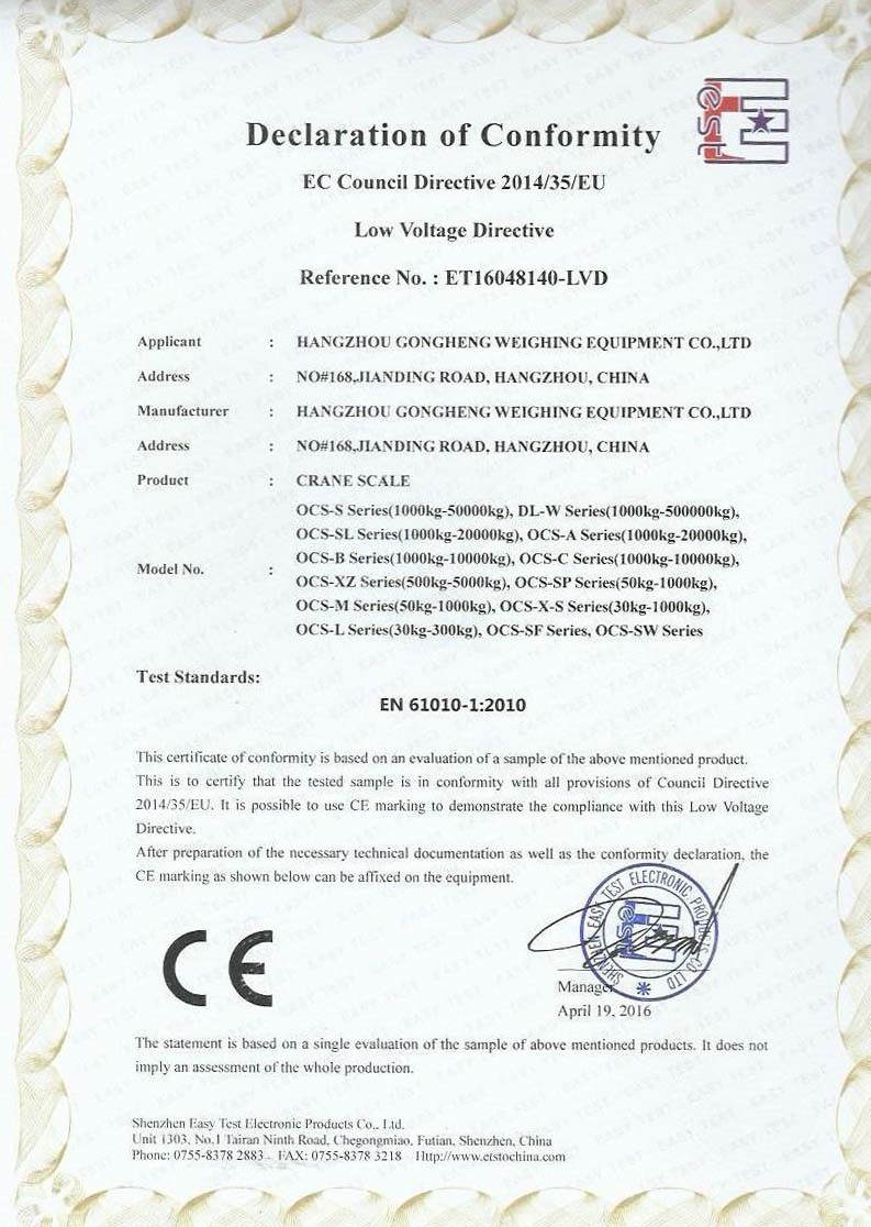 Crane scales CE Certificate LVD
