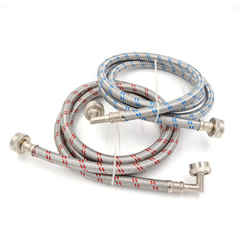Red and blue striped stainless steel braided washing machine hose with elbow