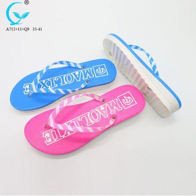 Crystal strap double color flip-flop women beach slippers with print