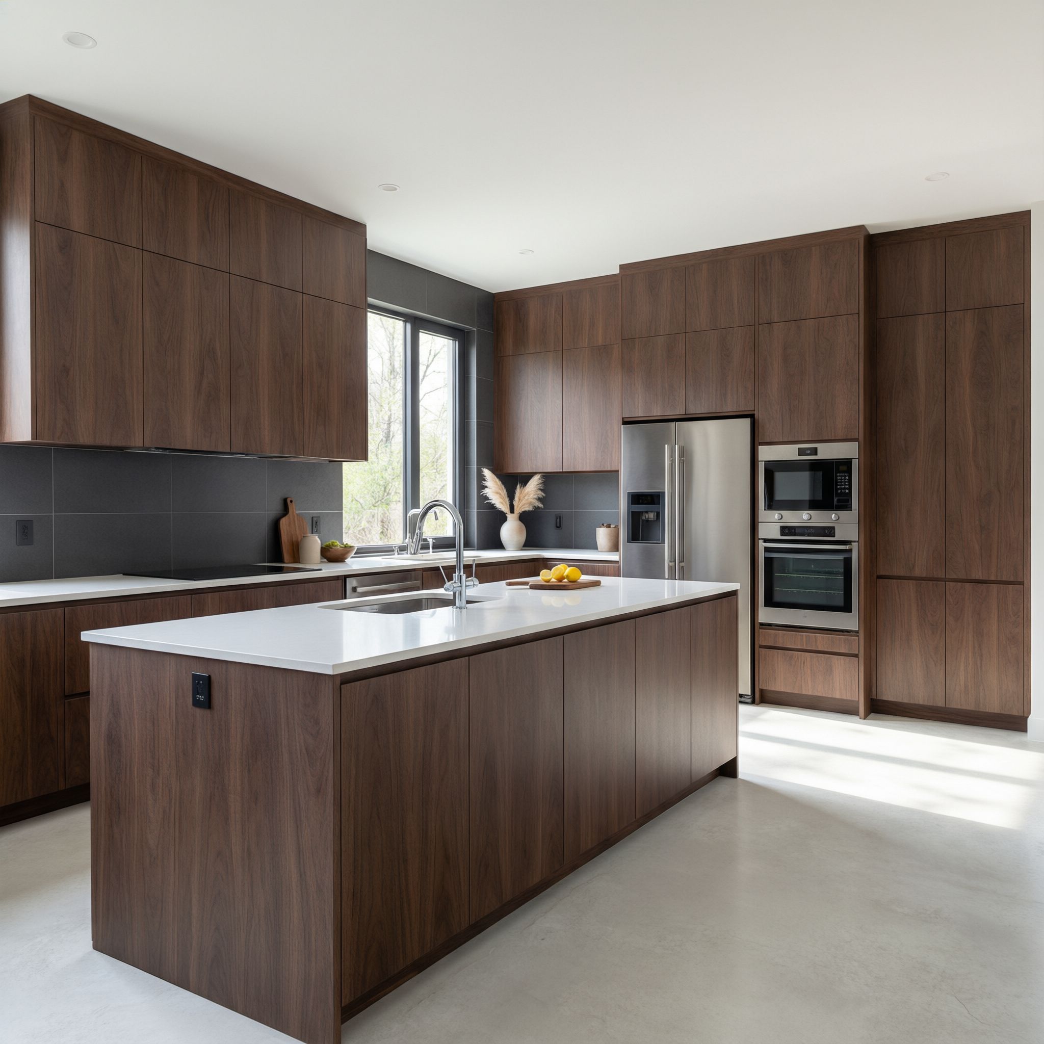 PVC foam board kitchen cabinet with deep walnut wood grain finish