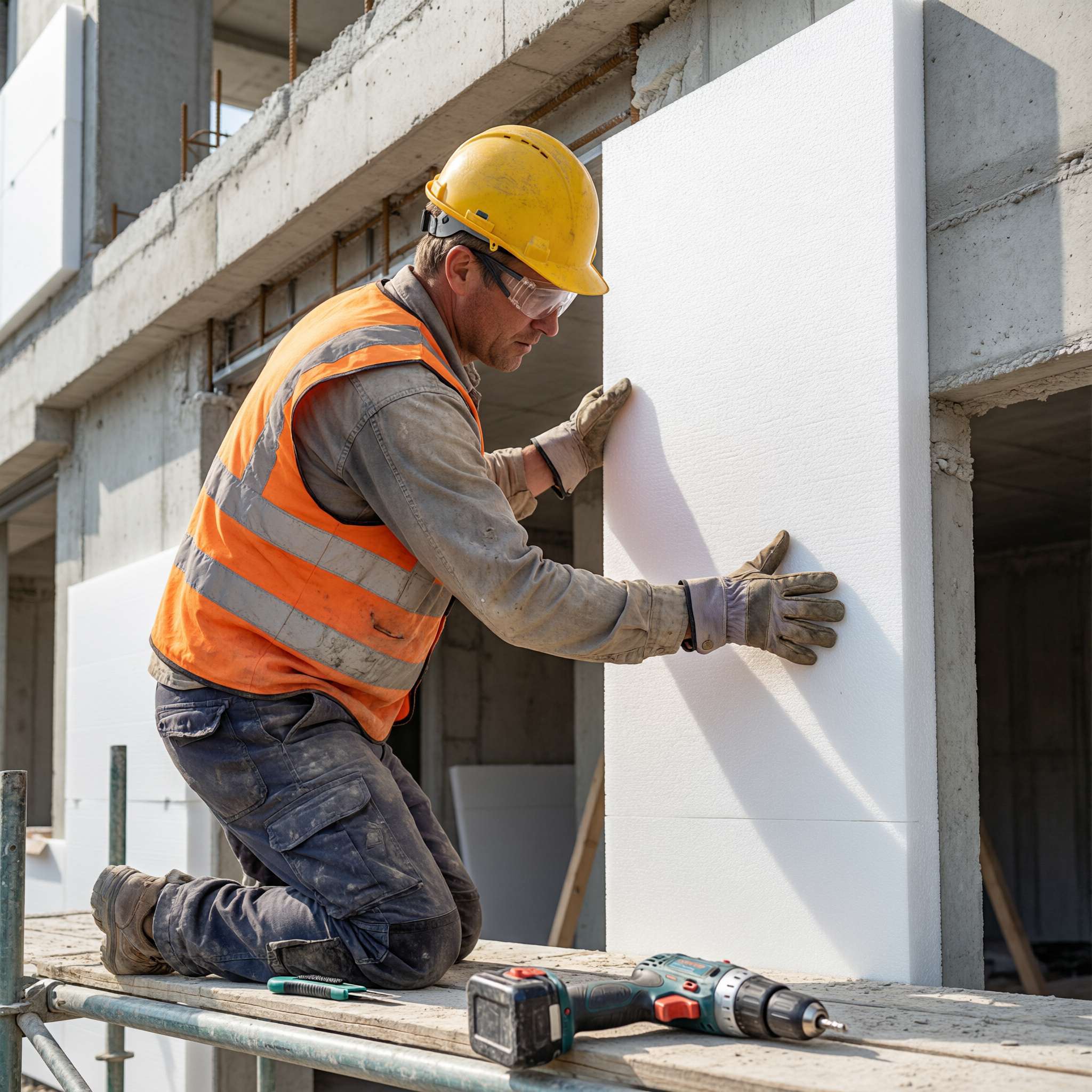 Construction worker installing PVC foam board sheets on building exterior