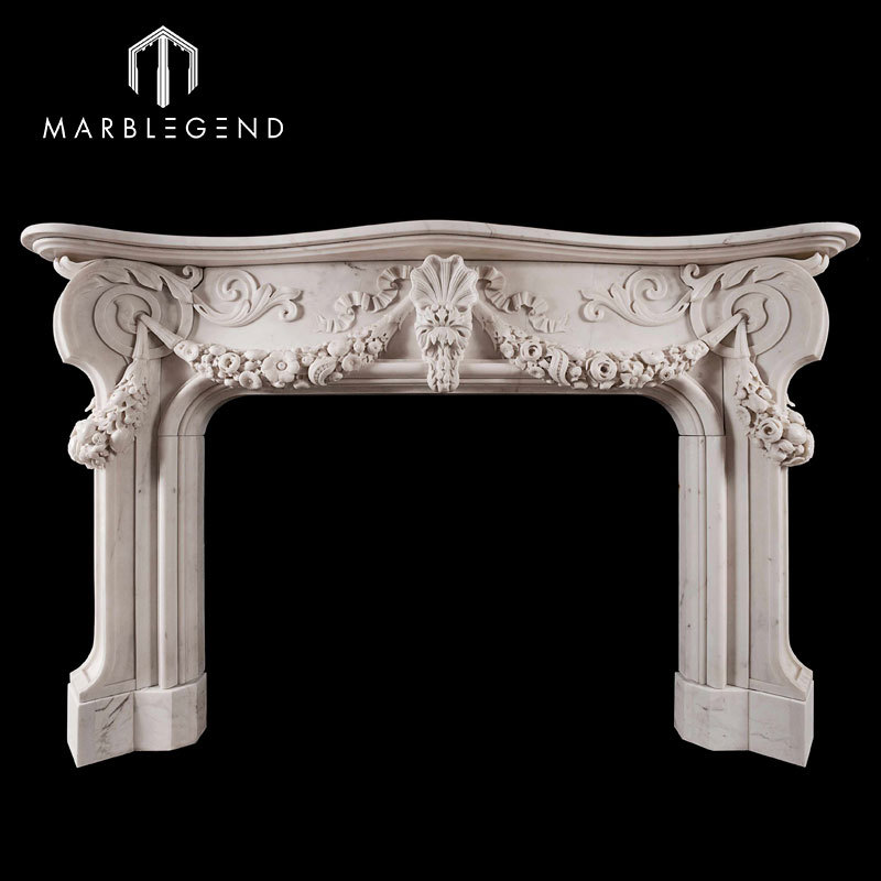 Hand Carved Sculpture Natural Marble Stone Fireplace Mantel Surround