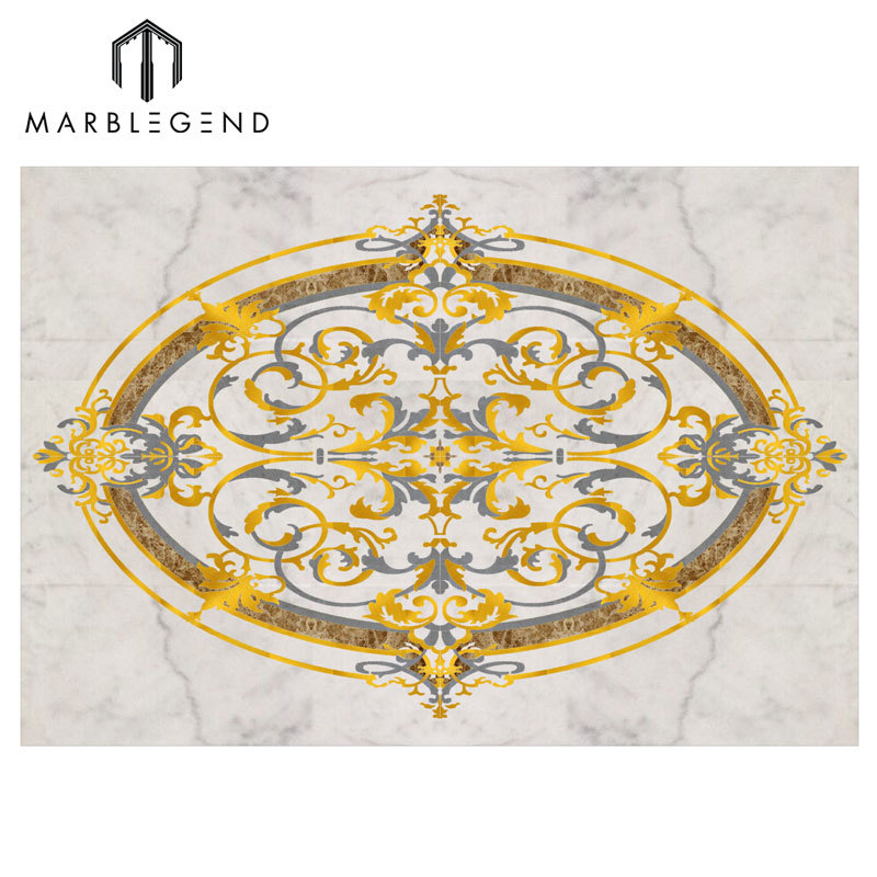 Custom Rocky Waterjet Marble Oval Medallion Floor Tile Design