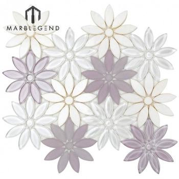 Bathroom And Kitchen Wall Decoration Waterjet Flower Glass Mosaic Tile