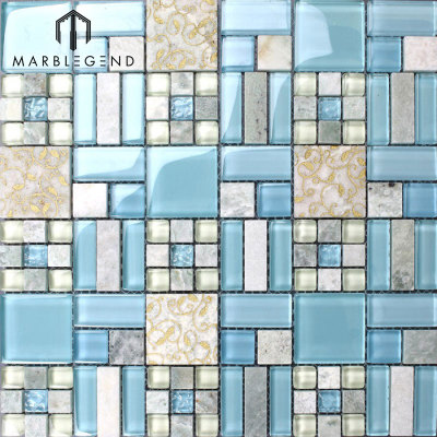 Azulejos de la pared del baño de mármol natural azul de vidrio y mosaico de mezcla de piedra