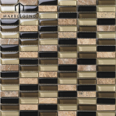 Natural Stone Marble And Glass Mix Mosaic Tile Sheets Interlocking Backsplash Tile