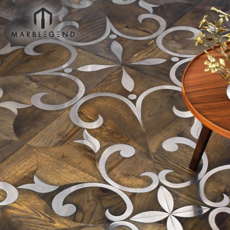 Custom French Brass Inlay Walnut Wood Flooring Parquet Pattern
